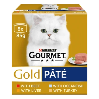 Purina Gourmet Gold Pâté cat food pack featuring a white fluffy cat, includes 8 cans of 85g each, flavors: beef, oceanfish, liver, turkey.