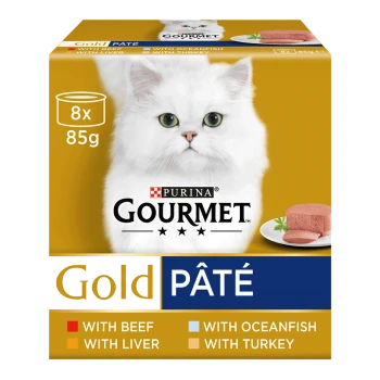 Purina Gourmet Gold Pâté cat food pack featuring a white fluffy cat, includes 8 cans of 85g each, flavors: beef, oceanfish, liver, turkey.