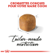 Croquettes pour chats Maine Coon, présentant un seul morceau de croquette avec des mesures, étiqueté "nutrition sur mesure" en écriture élégante.