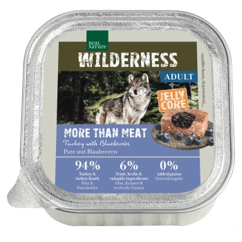 Real Nature Wilderness Nassfutter-Schale für erwachsene Tiere, 'More Than Meat' Pute mit Blaubeeren, Jelly Core, Wolfsbild, 94 %/6 %/0 %.
