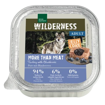 Real Nature Wilderness Nassfutter-Schale für erwachsene Tiere, 'More Than Meat' Pute mit Blaubeeren, Jelly Core, Wolfsbild, 94 %/6 %/0 %.