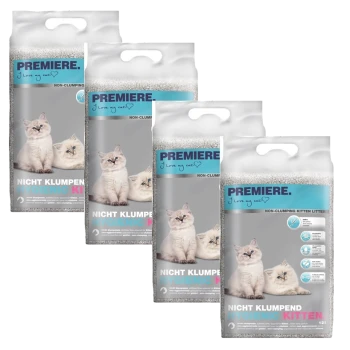 Vier Tüten "Premiere" nicht klumpender Katzenstreu mit flauschigen Kätzchen und deutschem Text: "Nicht Klumpend" und "Hygienic Kitten."