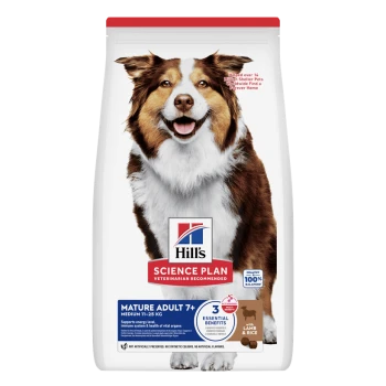 Zak Hill's Science Plan hondenvoer, Mature Adult 7+ (Middel 11–25 kg), lam & rijst, logo, '3 essentiële voordelen' en 'Aanbevolen door dierenartsen'