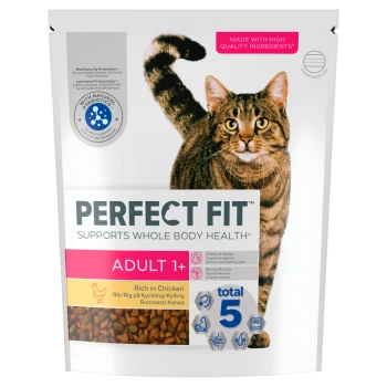 Bag of Perfect Fit adult cat food, rich in chicken, with a tabby cat image and text "Supports Whole Body Health" and "Total 5".