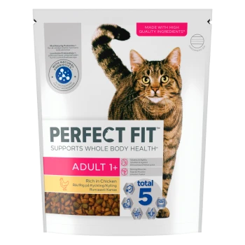 Bag of Perfect Fit adult cat food, rich in chicken, with a tabby cat image and text "Supports Whole Body Health" and "Total 5".