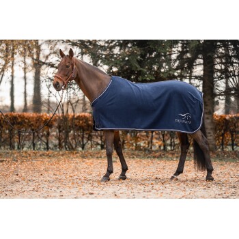 Ein braunes Pferd, das eine marineblaue Decke mit weißem Rand und dem Logo "EQUINATE" trägt, steht auf einem mit Blättern bedeckten Boden, umgeben von Bäumen.