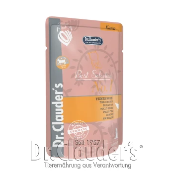 Dr. Clauder's Best Selection Kittenfutterverpackung, mit feinem Huhn, mit dem Hinweis "Hergestellt in Deutschland" und "Seit 1957."