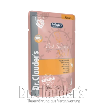 Dr. Clauder's Best Selection Kittenfutterverpackung, mit feinem Huhn, mit dem Hinweis "Hergestellt in Deutschland" und "Seit 1957."