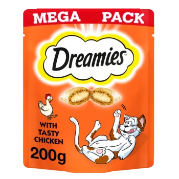 Bright orange Dreamies cat treats packaging labeled "MEGA PACK," featuring a playful cat and "WITH TASTY CHICKEN" text. 200g.