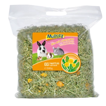Sac en plastique transparent de 500g de foin avec pissenlit, étiqueté "Multifit," présentant des images de lapin, cochon d'Inde et chinchilla.