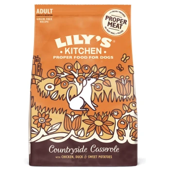 Lily's Kitchen grain-free dog food bag featuring a white dog in a floral design, labeled "Countryside Casserole" with chicken, duck & sweet potatoes.
