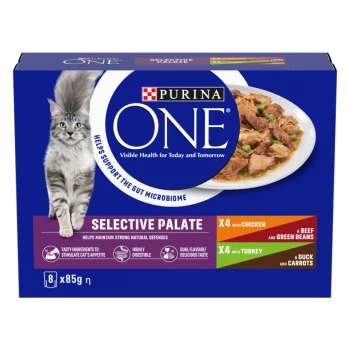 Purina ONE Selective Palate cat wet food box with cat image and bowl; shows 'Purina ONE', 'Selective Palate' and 8x85g.