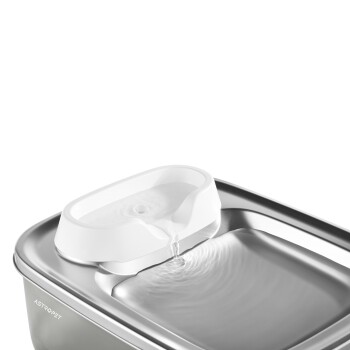 Edelstahl-Haustier-Wasserbrunnen mit einem weißen Deckel, mit einem Wasserauslauf und einer wellenden Wasseroberfläche.