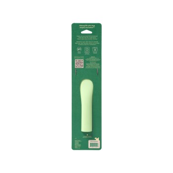 Emballage de jouet à mâcher pour chien vert avec un design nervuré, avec un texte mettant en avant ses avantages pour les chiens et un code QR pour plus d'informations.