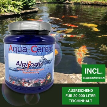 Aqua Cereal Algiforte Behälter an einem Koi-Teich, mit Text: "Schutz vor hartnäckigem Algenbewuchs" und "AUSREICHEND FÜR 20.000 LITER".