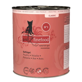 Catz Finefood Classic No. 3 Dose mit pinkem Design, Katzensilhouette und Etiketten für Geflügel, ohne Zuckerzusatz, getreidefrei und ohne Tierversuche.