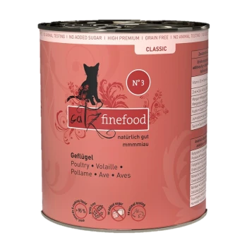 Catz Finefood Classic No. 3 Dose mit pinkem Design, Katzensilhouette und Etiketten für Geflügel, ohne Zuckerzusatz, getreidefrei und ohne Tierversuche.