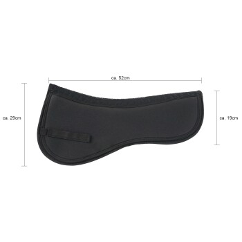 Schwarzes Sattelpad für Haustiere mit den Abmessungen: ungefähr 52 cm breit, 29 cm hoch und 19 cm tief.