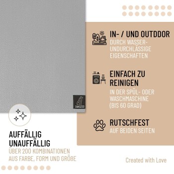 Graue Haustiermatte mit SANOZOO-Logo, die Informationen über ihre wasserdichten Eigenschaften, einfache Reinigung und rutschfestes Design enthält.