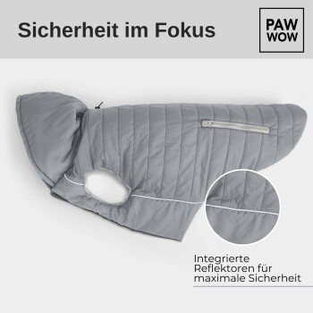 Grau Haustierjacke mit Kapuze, mit reflektierenden Streifen für Sicherheit, beschriftet mit 'Sicherheit im Fokus' und 'PAW WOW.'