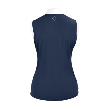 Marineblaues ärmelloses Poloshirt mit einem weißen Kragen, mit einem kleinen Logo auf dem Rücken.