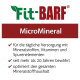 Fit-BARF MicroMineral Produktetikett, das die tägliche Zufuhr von Mineralien, Vitaminen und Spurenelementen hervorhebt, seit über 20 Jahren bewährt.