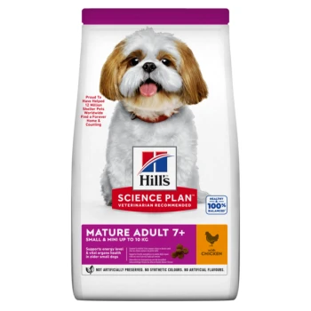 Hill's Science Plan Mature Adult 7+ Hundefutter für kleine Rassen, mit einem lächelnden Shih Tzu auf der Verpackung, mit Huhn als Hauptzutat.