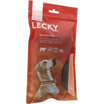Rote Verpackung für Lecky Gourmet Rolls, mit einem Hund, der nach oben schaut, und Text, der 100% natürliche Zutaten anzeigt.