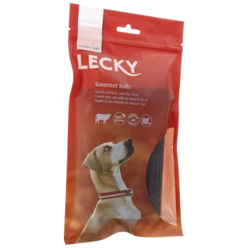 Rote Verpackung für Lecky Gourmet Rolls, mit einem Hund, der nach oben schaut, und Text, der 100% natürliche Zutaten anzeigt.