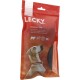 Rote Verpackung für Lecky Gourmet Rolls, mit einem Hund, der nach oben schaut, und Text, der 100% natürliche Zutaten anzeigt.