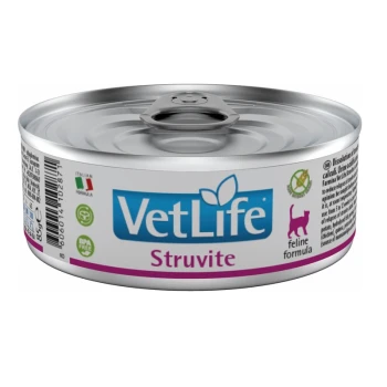 Karma w puszce dla kotów oznaczona "VetLife Struvite," z niebieskim logo, różową linią i tekstem wskazującym, że jest to formuła dla kotów.