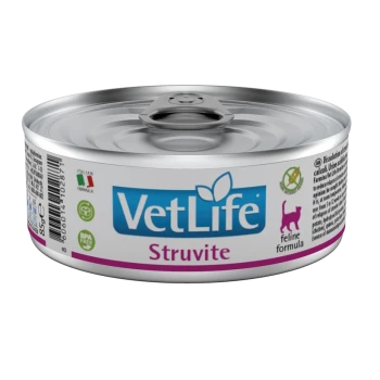 Dose Katzenfutter mit der Aufschrift "VetLife Struvite," mit einem blauen Logo, einem rosa Streifen und Text, der angibt, dass es sich um eine feline Formel handelt.