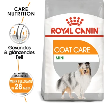 Royal Canin Coat Care Mini Hundefuttertasche mit einem lächelnden Shetland Sheepdog, mit Text, der die Pflegeernährung für gesundes, glänzendes Fell hervorhebt.