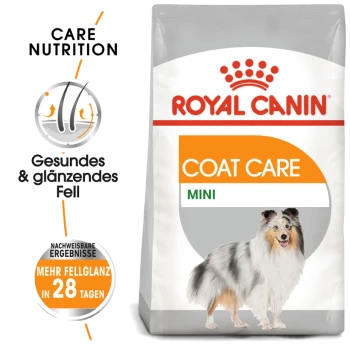 Royal Canin Coat Care Mini Hundefuttertasche mit einem lächelnden Shetland Sheepdog, mit Text, der die Pflegeernährung für gesundes, glänzendes Fell hervorhebt.