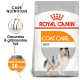 Royal Canin Coat Care Mini Hundefuttertasche mit einem lächelnden Shetland Sheepdog, mit Text, der die Pflegeernährung für gesundes, glänzendes Fell hervorhebt.