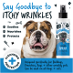Bulldogge mit Bugalugs Falten-Spray-Flasche, Text sagt "Sag Juckenden Falten Lebewohl", beruhigt, nährt, schützt.