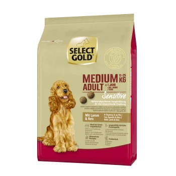 Tüte Select Gold Medium Adult Hundefutter, 11-25 kg, mit der Aufschrift "Sensitive" und Zutaten aus Lamm und Reis, mit einem Hundebild.