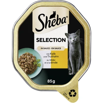 Selection in Sauce 22x85 g Kalb und Truthahn Sheba Selection Katzenfutter in Sauce, mit Fleischstücken und Kräutern, 85g Verpackung und einem Bild einer grauen Katze auf dem Etikett.