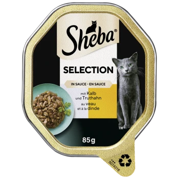 Sheba Selection Katzenfutter in Sauce, mit Fleischstücken und Kräutern, 85g Verpackung und einem Bild einer grauen Katze auf dem Etikett.