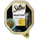 Sheba Selection Katzenfutter in Sauce, mit Fleischstücken und Kräutern, 85g Verpackung und einem Bild einer grauen Katze auf dem Etikett.