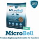 Zwei Beutel MicroBell Hundefutter, beschriftet mit "100% Vegan" und "0% Tier", mit blauem Hintergrund. Der kleinere Beutel wiegt 900g, der größere 4kg.