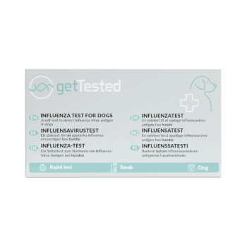 getTested-Box für Influenza-Test bei Hunden mit Produktname, mehrsprachiger Anleitung und Symbolen (Schnelltest, Tupfer, Hund)