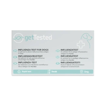 getTested-Box für Influenza-Test bei Hunden mit Produktname, mehrsprachiger Anleitung und Symbolen (Schnelltest, Tupfer, Hund)