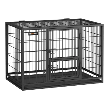 Schwarzer Metallhaustierkäfig mit zwei Türen, mit einem stabilen Design und einem Drahtgitteroberteil zur Belüftung.