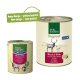 Zwei Real Nature Hundefutterdosen: eine "Fisch & Fleisch", eine "Hirsch & Huhn" mit einem Hirschgrafik, die "Neue Design - gleiche Qualität!" zeigt.