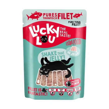 Nassfutter Katze Extra Food Adult in Gelee Thunfisch 12x70 g Tüte mit Lucky Lou purem Thunfischfilet Katzenfutter in Gelee, mit einer verspielten Grafik einer schwarzen Katze und dem Text: "Shake that jelly!" und "Protein power."