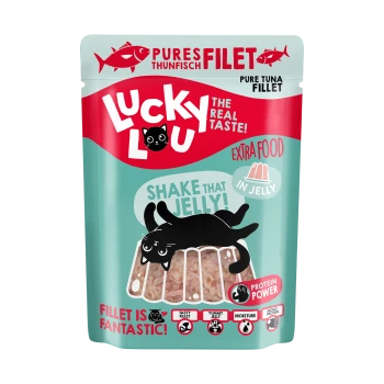 Tüte mit Lucky Lou purem Thunfischfilet Katzenfutter in Gelee, mit einer verspielten Grafik einer schwarzen Katze und dem Text: "Shake that jelly!" und "Protein power."