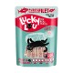 Pochette de nourriture pour chat en gelée Lucky Lou avec filet de thon pur, présentant un graphique de chat noir ludique et le texte : "Shake that jelly!" et "Protein power."