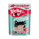 Tüte mit Lucky Lou purem Thunfischfilet Katzenfutter in Gelee, mit einer verspielten Grafik einer schwarzen Katze und dem Text: "Shake that jelly!" und "Protein power."
