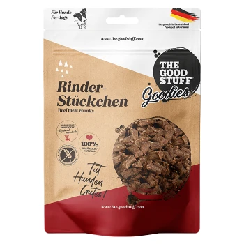 Tüte 'The Good Stuff Goodies' Rinder-Stückchen Hundeleckerlis – Rindfleisch-Stückchen, 100% natürlich, für Hunde, hergestellt in Deutschland.